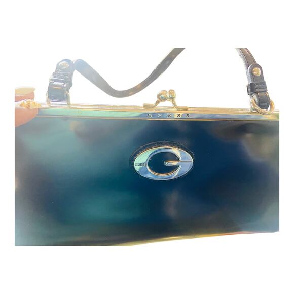 Guess Womens G Goldware Logo Kiss Lock Hobo Leather Black Shoulder Bag Y2K 2000 - Picture 2 of 12